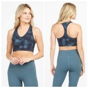 Spanx XL longline Core Sports Bra Blue/Gray Smudge Print Soft Cup Racerback